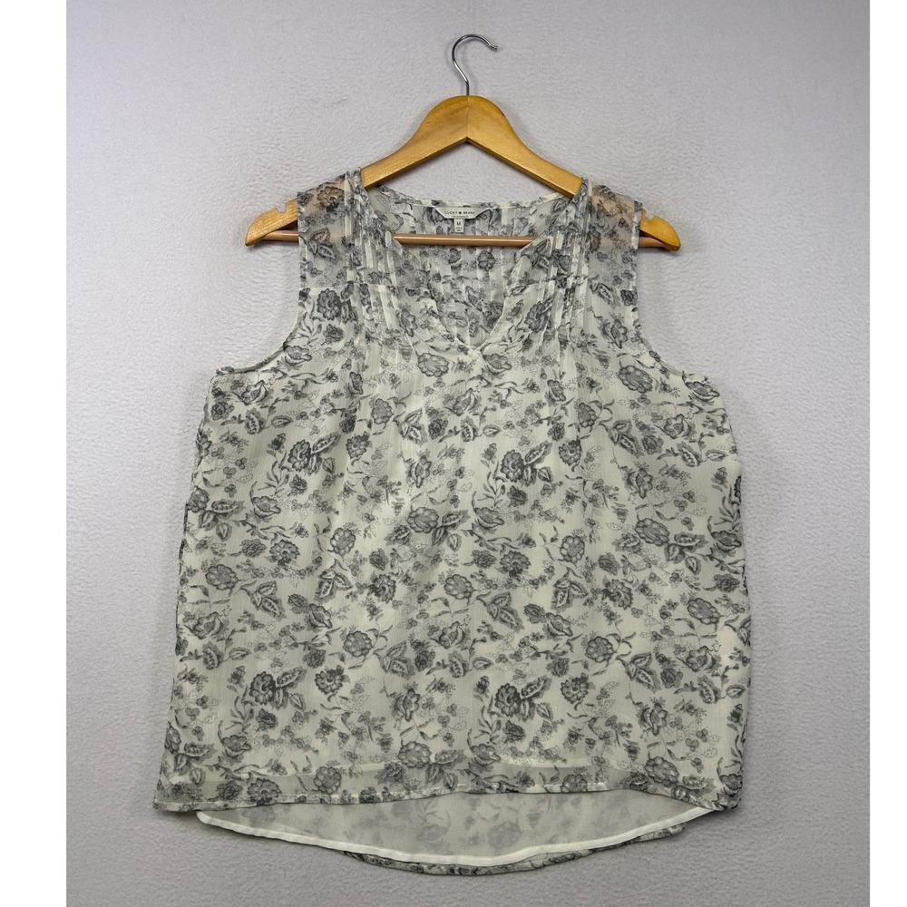 Cottagecore Lucky Brand Women M White Grey Floral Pleated V-Neck Sleeveless Top